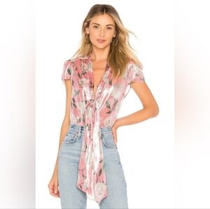 Alice + Olivia Pink Floral Jeannie Bow Collar Silk Blend Blouse